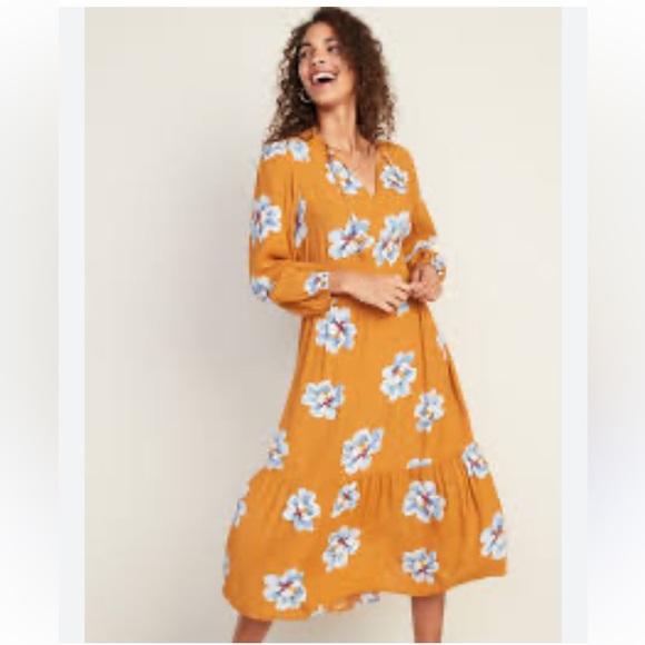 Old Navy Dresses & Skirts - Old Navy Empire-Waist Split-Neck Floral Midi Dress Mustard Floral Tiered Size XL